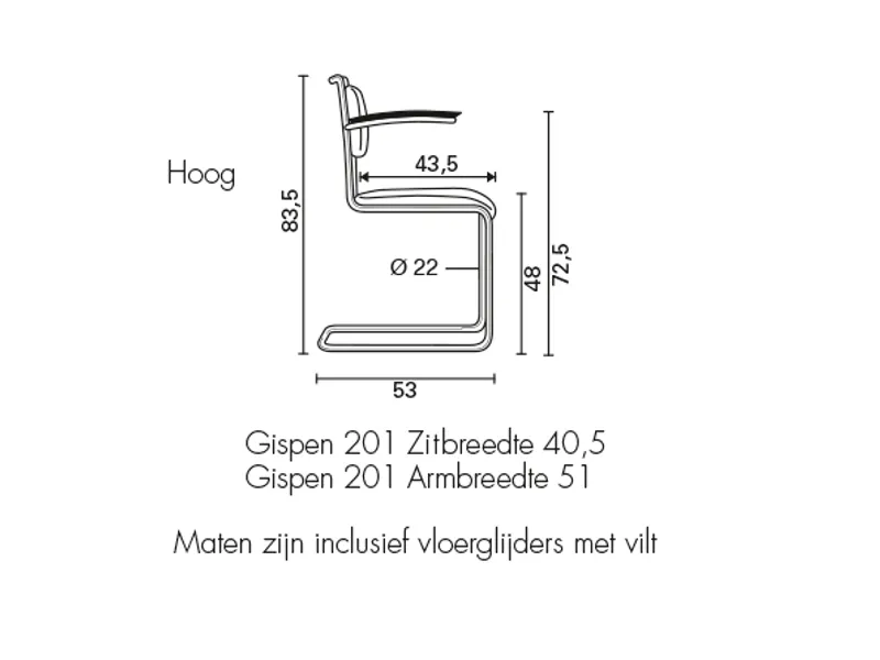 Gispen 201H zwart afmetingen