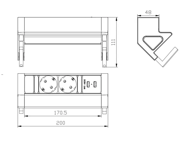 Power Desk Up 2x stroom + 2x USB charger tekening