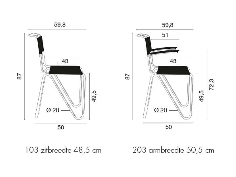 Gispen diagonaal stoel 203 afmetingen