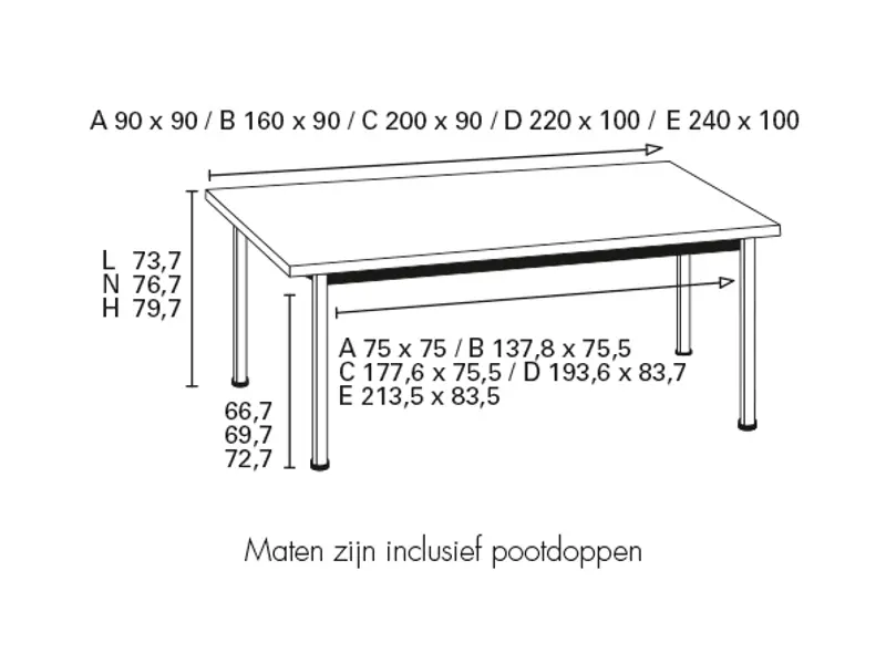 Gispen 515 tafel - afmetingen